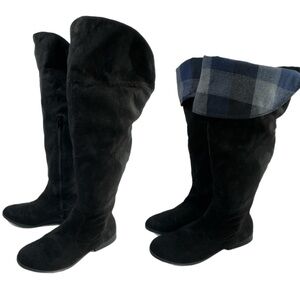 L4L Faux Suede Knee High LL-Riot Black Suedette 2-in-1 Lace Back Black Boots
